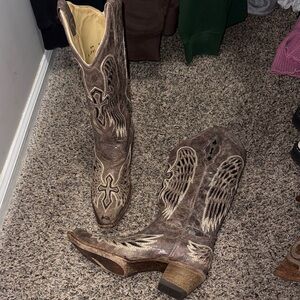 Embroidered Brown and Cream Heeled Corral Cross Snip Toe Boots